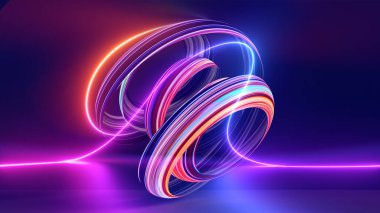 3D görüntüleme, soyut neon duvar kağıdı, ultraviyole spektrumda parlayan kıvrımlı şekilli renkli fantastik arkaplan