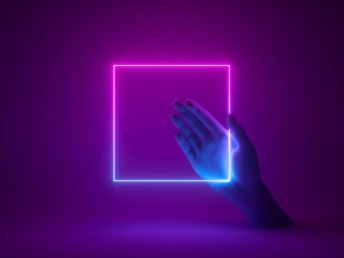 3D görüntüleme, basit geometrik arkaplan, manken el pembe mavi neon kare çerçeve tutuyor. Fütürist teknoloji duvar kağıdı