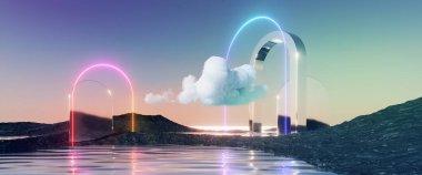 3D görüntüleme, soyut panoramik arkaplan. Su, kayalar, ayna kemeri, neon çerçeve ve bulutla muhteşem bir manzara. Pastel gradyan gökyüzü. Modern asgari estetik duvar kağıdı