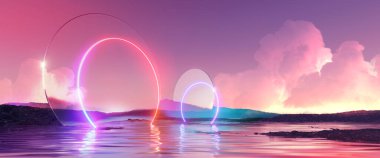 3D görüntüleme, soyut fantezi panoramik arka plan. Muhteşem manzara duvar kâğıdı. Pembe günbatımı gökyüzünün altında bulutlu sakin bir su ile deniz manzarası. Yuvarlak aynalar ve neon kemer