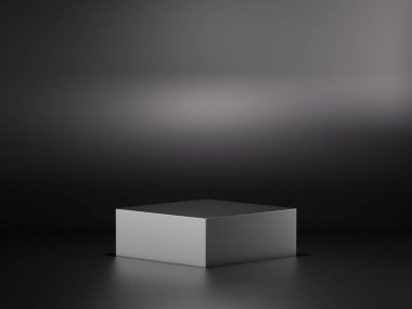 3D görüntüleme, kare podyumlu soyut geometrik arkaplan. Ürün sunumu için boş sahnesi olan endüstriyel gösteri sahnesi