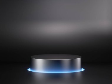 3D render, soyut geometrik arkaplan, boş metal silindir podyumu mavi neon ışıkla aydınlatılmış. Ürün sunumu için yuvarlak sahneli minimalist gösteri sahnesi