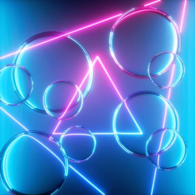 3D görüntüleme, cam toplar ve parıldayan lazer üçgenler, şeffaf kabarcıklar ve pembe mavi neon ışık ile soyut arkaplan