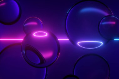 3D görüntüleme, soyut neon arka plan, cam toplar ve lazer hattı. Parlayan ışık ve şeffaf kabarcıklar