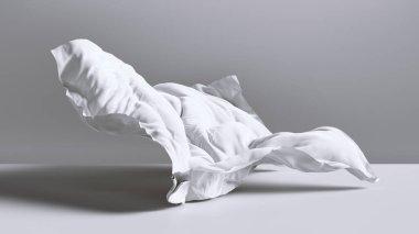 3 boyutlu görüntüleme. Soyut moda arka planında beyaz bez boş odanın içine düşüyor. İpek dinamik kumaş rüzgarla savruluyor.