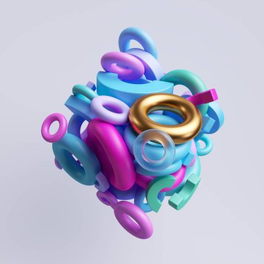 3d oluşturma, çeşitli şekiller ve renkli geometrik elementlerle soyut arkaplan izole edilmiş sıkıştırılmış yığın halinde birleştirilir