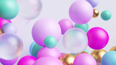 3D görüntüleme, soyut minimal arkaplan pastel pembe nane ve cam toplar birbirine yapışmış, çeşitli karışık parçacıklar makro