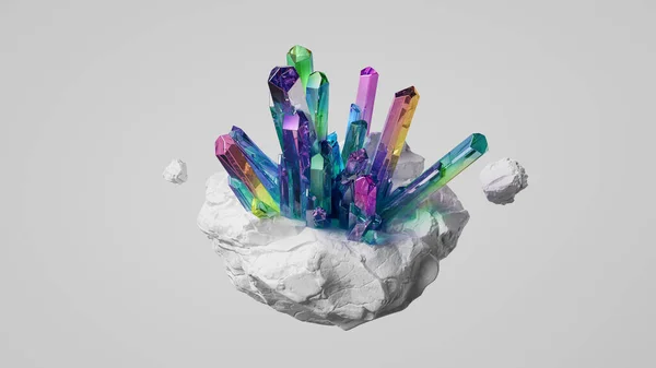 Render Mehrfarbige Kristalle Wachsen Auf Weißem Felsen Kreidestein Einzigartiges Nugget — Stockfoto