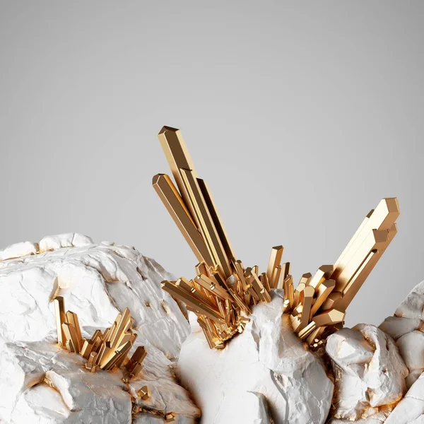 Weergave Abstracte Achtergrond Met Witte Krijtrotsen Gouden Kristallen Esthetische Minimalistische — Stockfoto
