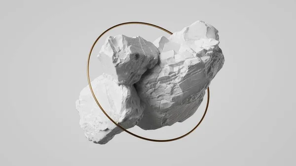3Dレンダリング チョークロック石と黄金のリングが浮かぶ抽象的な白い背景 審美的なミニマリスト壁紙 — ストック写真