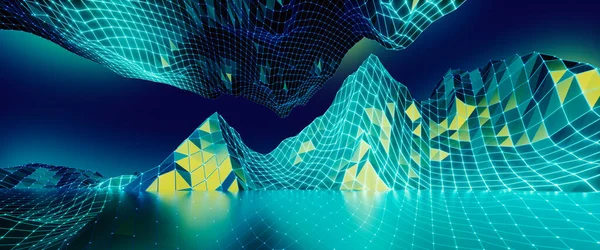 3Dレンダリング 抽象的な青の背景 ワイヤーフレームの山々と仮想現実の風景 サイバー島 — ストック写真