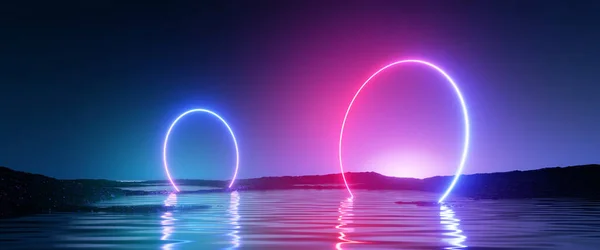 Vykreslování Abstraktní Futuristické Pozadí Panoramatický Pohled Neonové Zářící Prstence Vodě — Stock fotografie