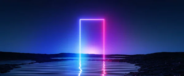 3d rendering, abstract futuristic background. Landscape with water and square geometric arch glowing in the dark under the night sky. Fantastic wallpaper
