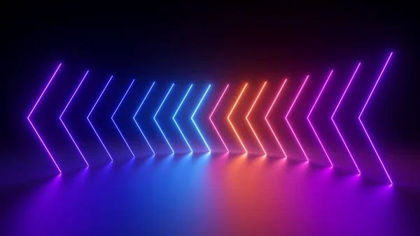 3D渲染 抽象的霓虹灯背景 箭头显示左方向 闪烁着蓝色红粉色梯度光 — 图库照片