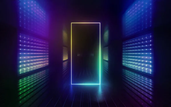 Render Abstracte Achtergrond Met Neon Rechthoekig Frame Gloeiend Ultraviolet Licht — Stockfoto