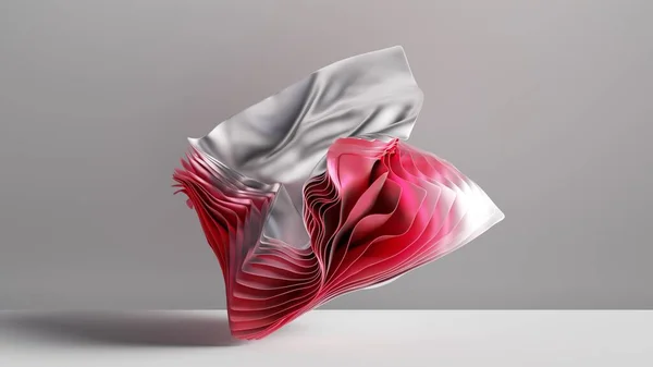 3D渲染 抽象背景与皱折的纺织品和折叠的布 时尚墙纸与挥动面料层 白色红色梯度 — 图库照片