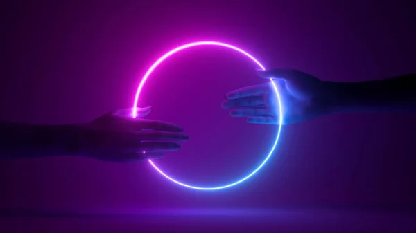 Render Elvont Minimális Háttér Két Próbababa Kéz Tartja Neon Gyűrű — Stock Fotó