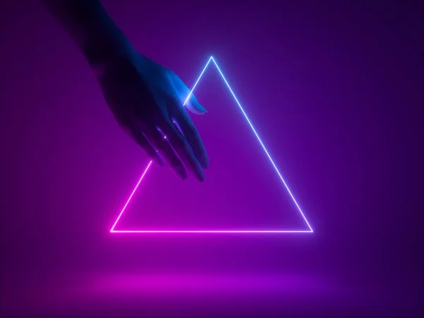 三维渲染 简约几何背景 人形手握粉色蓝色霓虹灯三角形 未来主义技术壁纸 — 图库照片