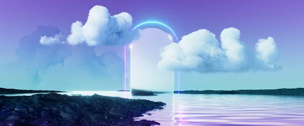 3d render, abstract fantasy panoramic background. Fantastic scenery wallpaper. Landscape with fluffy clouds above the black seashore and calm water, rounded mirror and neon arch