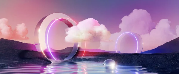 3Dレンダリング 抽象的なパノラマの背景 ラウンドミラー クロムアーチ ネオンリングとピンクのパステルの空に雲と幻想的な風景 現代のミニマルな審美的な壁紙 — ストック写真