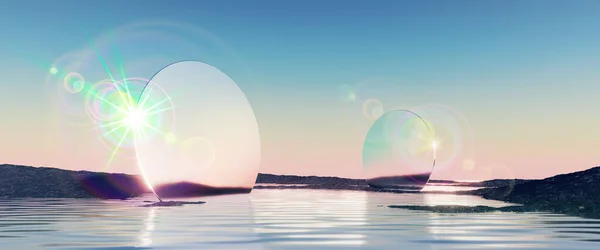 Рендеринг Абстрактный Минималистский Панорамный Фон Фантастические Обои Пейзажей Круглые Зеркала — стоковое фото