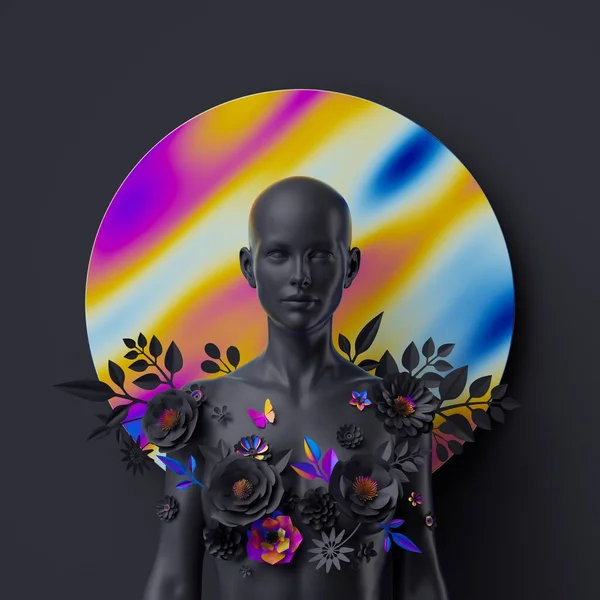 3Dレンダリング 黒のはげ女性の肖像画 紙の花で飾られた女性のマネキン カラフルなホログラフィック箔テクスチャとラウンド幾何学的な形状 モダンなファッションコンセプト — ストック写真