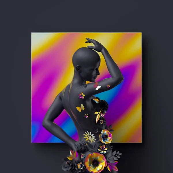 3Dレンダリング 紙の花で飾られた黒のはげの女性の体 女性のマネキン カラフルなホログラフィック箔テクスチャと正方形の幾何学的な形状 モダンなファッションコンセプト — ストック写真