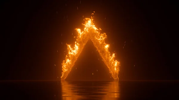 3D渲染 抽象几何三角形着火 橙色火焰笼罩黑暗背景 万圣节壁纸 — 图库照片