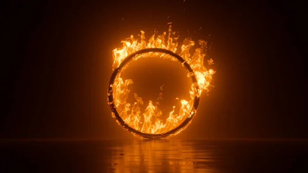 Renderowanie Okrągła Rama Płonąca Ogniem Pomarańczowy Płomień Czarnym Tle — Zdjęcie stockowe