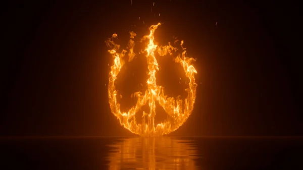 3D渲染 圆圆的和平符号着火 闪耀的和平徽章 橙色的火焰笼罩黑色背景 战争概念 — 图库照片