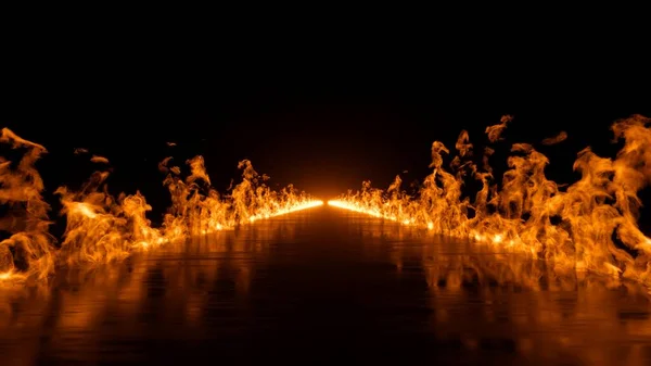 Vykreslování Hořící Plameny Silnice Plamenech Přes Černé Pozadí — Stock fotografie