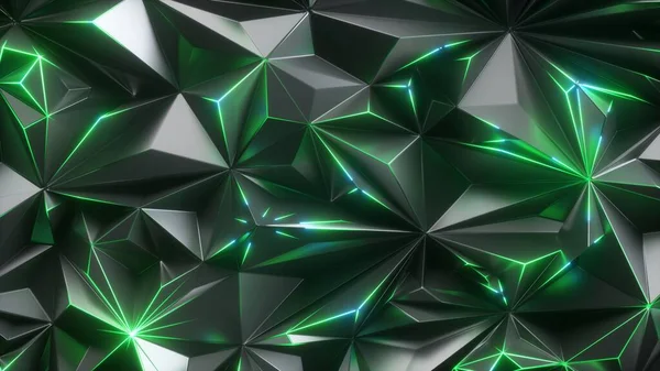 3D渲染 抽象奇异的晶体背景与霓虹灯光 绿色激光灯的未来派壁纸 — 图库照片