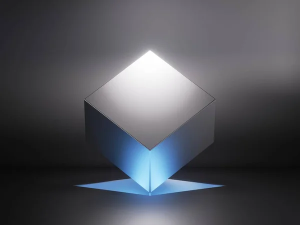 Render Abstracte Geometrische Achtergrond Met Zwevende Metalen Kubus Verlicht Met — Stockfoto