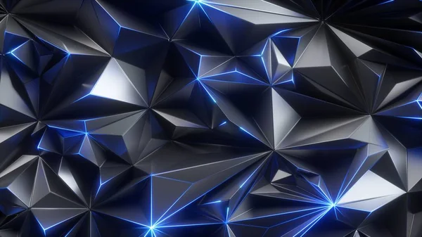 Render Abstracte Achtergrond Gefacetteerde Metalen Oppervlak Met Blauw Neon Licht — Stockfoto