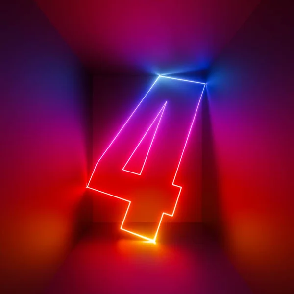 3Dレンダリング 赤青のネオン番号4 赤外線光に輝く正方形の箱の中のデジタルシンボル — ストック写真