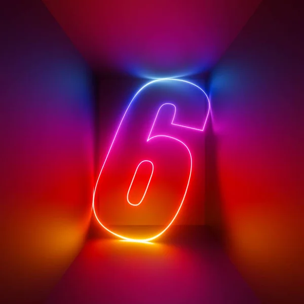 Rendering Röd Blå Neon Nummer Sex Digital Symbol Inuti Fyrkantig — Stockfoto