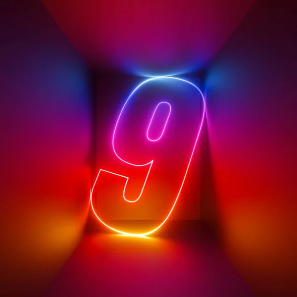 3Dレンダリング 赤青のネオン番号9 赤外線光で輝く正方形の箱の中のデジタルシンボル — ストック写真