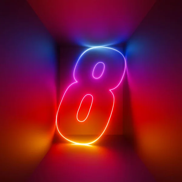3Dレンダリング 赤青のネオン番号8 赤外線光に輝く正方形の箱の中のデジタルシンボル — ストック写真