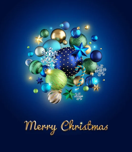 3D渲染 快乐圣诞贺卡 金色文字 各种玻璃球和装饰品 蓝色背景隔离 — 图库照片