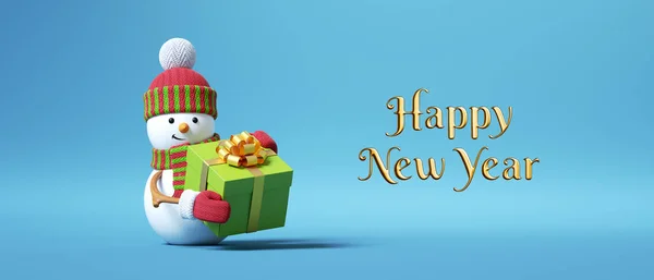 Render Happy New Year Banner Snowman Speelgoed Bevat Groene Geschenkdoos — Stockfoto