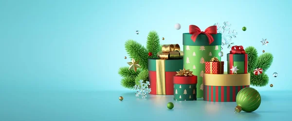 圣诞横幅与礼品盒 绿色云杉和节日装饰品 孤立在薄荷蓝色背景 新年墙纸 3D说明 — 图库照片