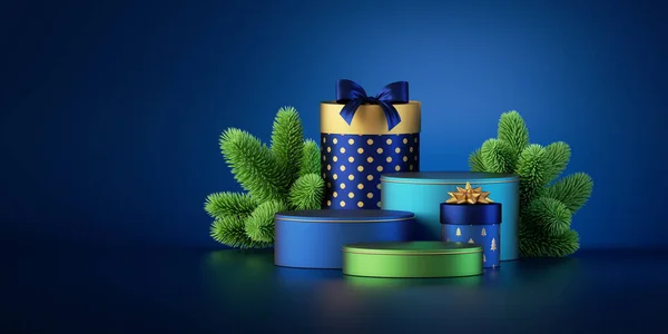 蓝色背景与圣诞树云杉枝条 礼品盒和空的论坛用于产品放置 新年展示的场景 横向销售横幅 3D渲染 — 图库照片