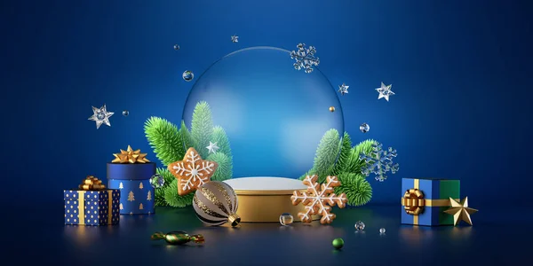 3D渲染 圣诞墙纸与空白模型 蓝色背景 空玻璃球 装饰有装饰品 绿色云杉和礼物 — 图库照片