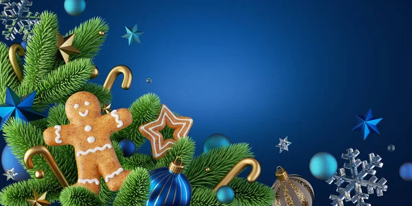 Kék Háttér Karácsonyfa Fenyő Fenyő Gallyak Üveggolyók Mézeskalács Ember Cookie — Stock Fotó