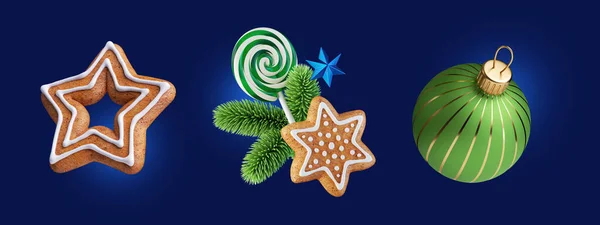 3Dレンダリング 青の背景に隔離されたクリスマスクリップアートのセット お祭りの装飾 装飾品 緑のトウヒ ガラスボールとジンジャーブレッドクッキー — ストック写真
