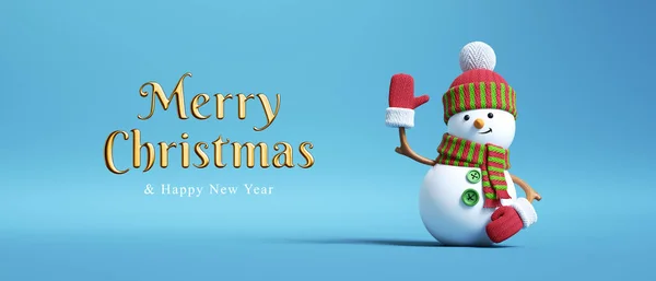 3D渲染 圣诞快乐黄金文字 雪人玩具隔离蓝色背景 — 图库照片