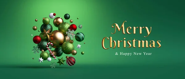 三维渲染 圣诞快乐贺卡与黄金文字和各种玻璃球饰物 隔离在绿色背景 节日横幅 — 图库照片