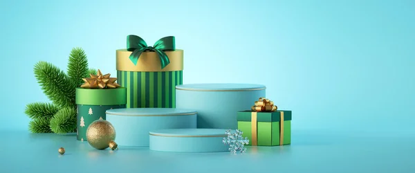 Renderelés Menta Kék Karácsonyi Háttér Üres Dobogók Zöld Arany Ajándékdobozok — Stock Fotó