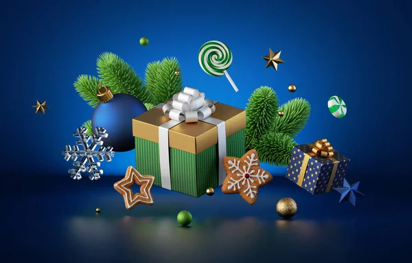 3D渲染 圣诞装饰品 礼品盒 绿色云杉 深蓝色背景隔离 寒假贺卡 横向新年壁纸 — 图库照片