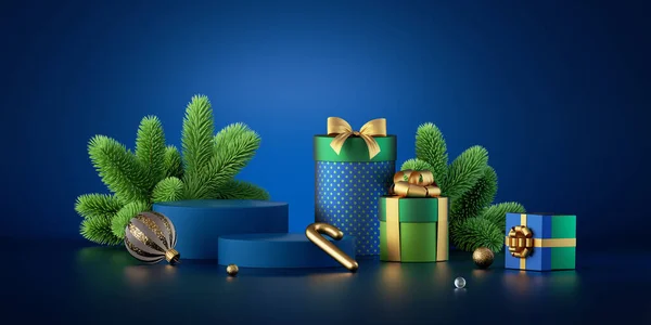 3Dレンダリング 暗い青の背景に隔離されたクリスマスの装飾品 緑のトウヒとギフトボックスと冬の休日のシーン 製品プレゼンテーションのための空の表彰台とショーケース 祭りの横旗 — ストック写真